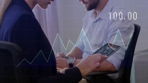 Business Professionals Analyzing Data on Tablet with Graph Overlay