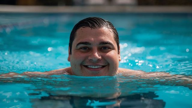 Smiling shirtless man floating head-above-water in turquoise pool closeup summer portrait