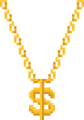 Retro pixel art gold chain necklace with dollar sign on transparent background