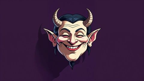 Satan head illustration with horns and sly grin on purple
