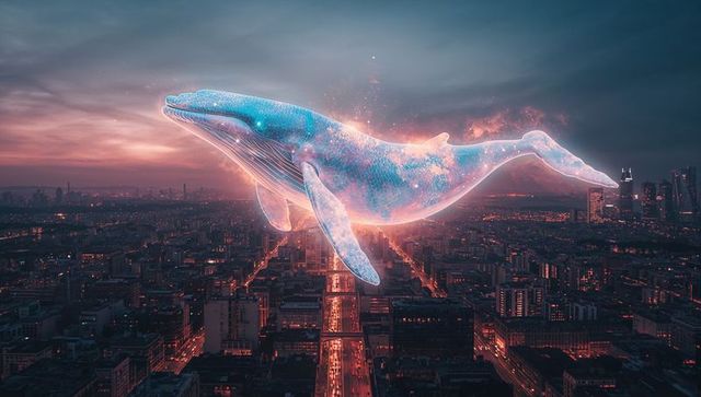 Bioluminescent holographic whale gliding over neon metropolis at dusk lighting central avenue