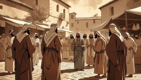 Pharisee disciples in ancient marketplace gathering around bearded teacher