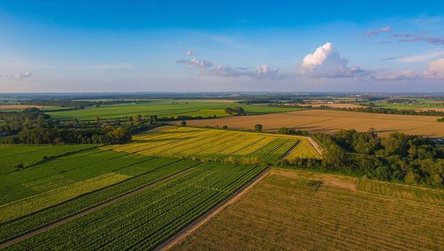 Aerial landscape showing patchwork farmland, green crop rows and golden harvest fields