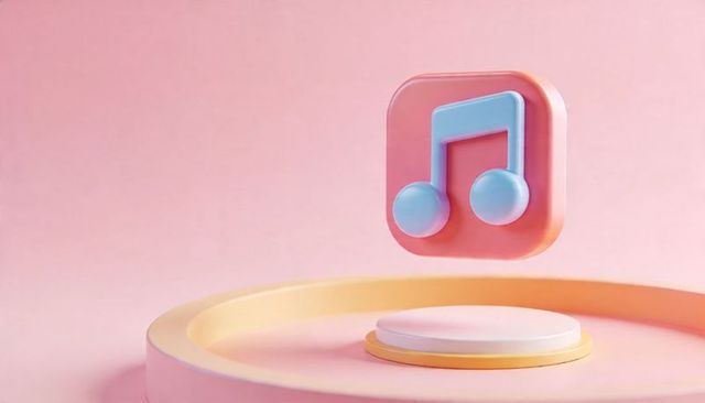 Floating pastel music note icon on circular pedestal, minimalist 3d logo concept for app