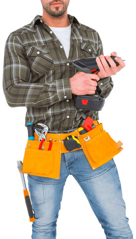 Handyman Holding Power Drill with Tools in Yellow Belt on Transparent Background - Download Free Stock Videos Pikwizard.com