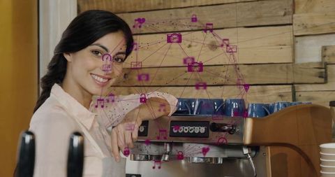 Smiling Barista Leaning on Espresso Machine in Contemporary Cafe