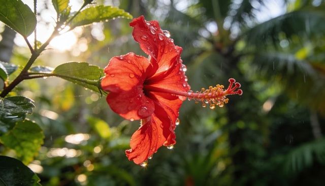 Sunlit red hibiscus blossom with dew droplets and yellow stamen in tropical garden