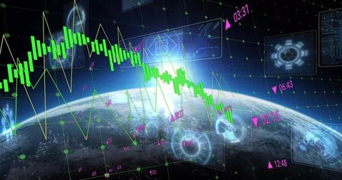 Futuristic global data dashboard projecting holographic financial charts over earth neon hud