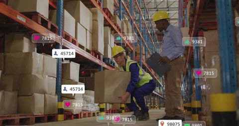Warehouse team lifting boxes and checking inventory under racking with safety gear and icons