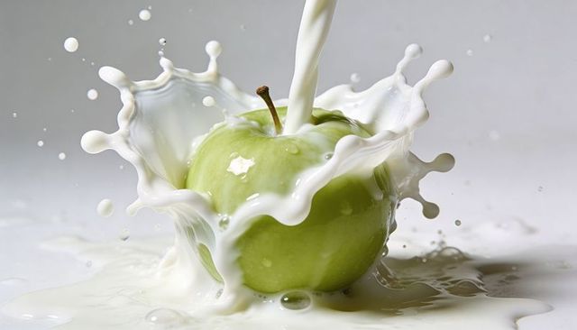 Pouring milk crown splash around green apple for food advertising, packaging, and branding