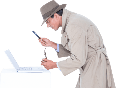 sneaky detective analyzing laptop with magnifying glass: a transparent look - Download Free Stock Videos Pikwizard.com