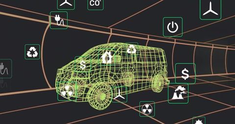 Neon wireframe electric van navigating grid tunnel with floating energy and finance icons