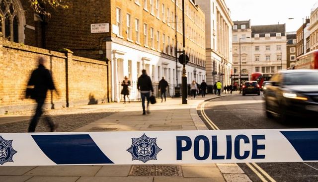 Police tape cordon on london street with blurred pedestrians and oncoming traffic