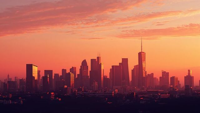 Glowing sunset skyline with spire-topped tower and reflective glass skyscrapers