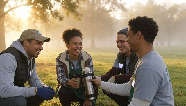 Volunteers sharing coffee at sunrise in park, teamwork and community service