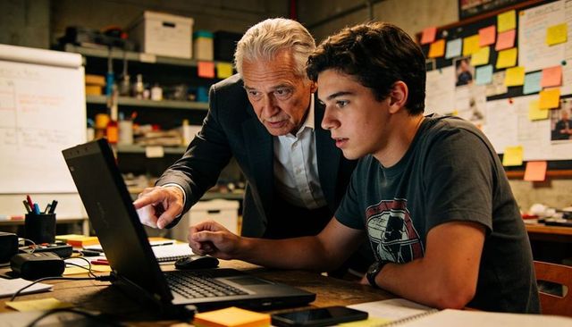 Older mentor guiding teen on laptop in busy workshop office during hands-on tech session