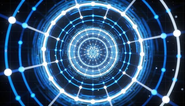 Glowing data tunnel with spiraling rings and nodes, futuristic digital network vortex