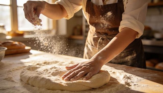 Baker sprinkling flour and shaping rustic dough on sunlit wooden counter for artisan bread