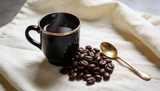 Steaming black coffee cup with dark beans and gold spoon on cream linen, cozy morning