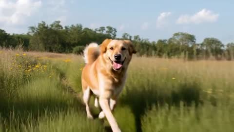 Golden Retriever Running Through Meadow Path with Wildflowers in Sunlit Summer Video Clip