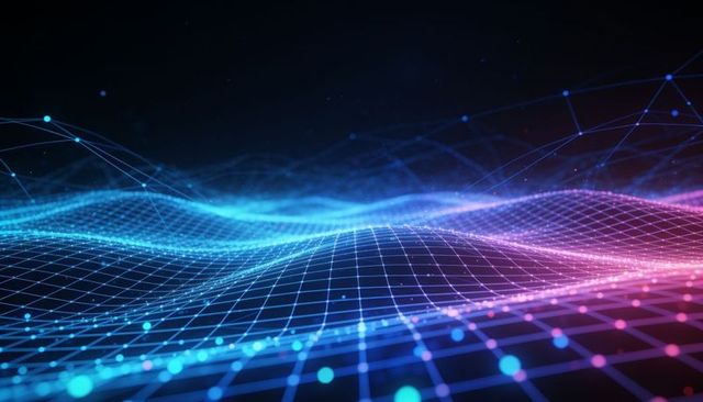 Glowing neon wireframe landscape undulating across grid with cyan to magenta nodes and particles