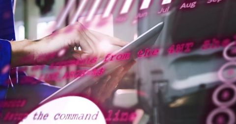Developer tapping tablet generating magenta code overlay while debugging mobile app