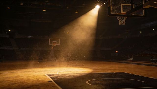 Spotlight illuminating dusty center court on hardwood basketball arena before game