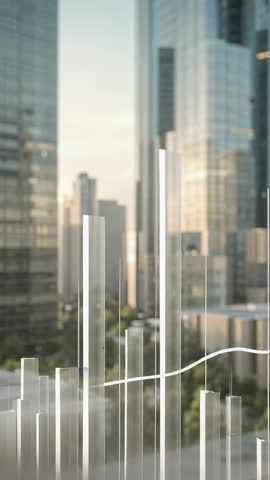 Opening on city skyline with rising 3D bar chart and climbing white trend line