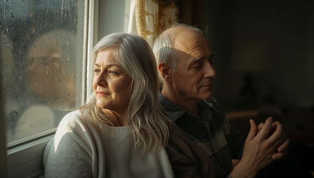 Senior couple sharing quiet moment by rainy window, gazing outward and reflecting together