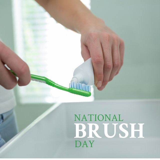 Composition of national brush day text over caucasian man brushing teeth. National brush day and celebration concept digitally generated image.