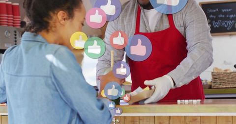 Customer Interaction in Modern Café with Digital Engagement Icons