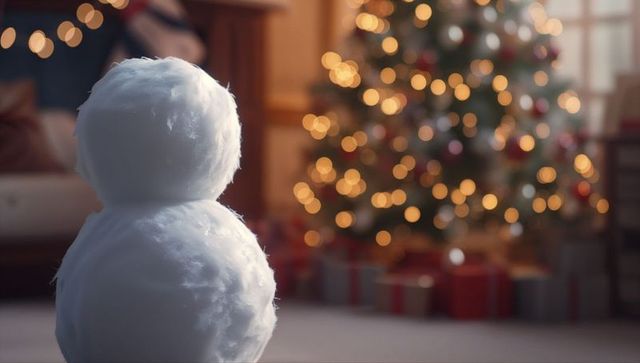 Handcrafted snowman in warm holiday living room with christmas decor