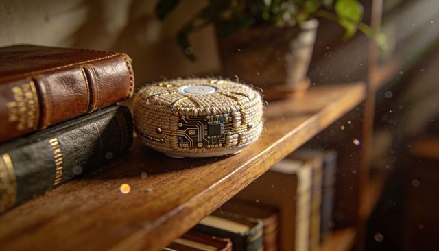 Handwoven smart textile device with stitched circuits and central button on wooden shelf