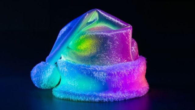 Iridescent satin santa hat with rainbow led glow on dark surface for festive design