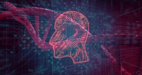 Neon digital brain merging with DNA helix representing AI genomics interface and circuitry