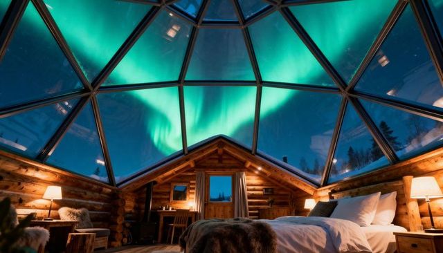 Glass dome cabin with northern lights panorama over cozy white-linen bed and rustic timber interior