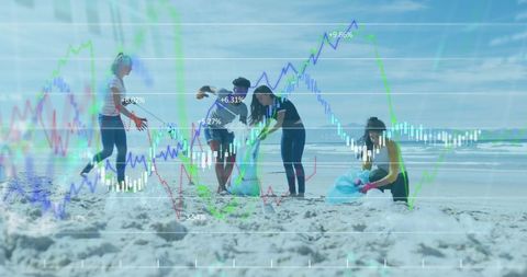 Volunteers Cleaning Beach with Finance Graph Overlay