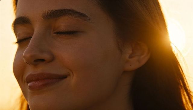 Smiling woman basking in golden-hour backlight with eyes closed and hair halo