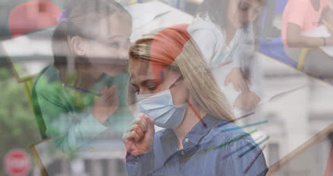 Caucasian Teacher Coughing Overlapping School Classroom Scene