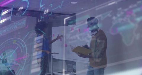 Collaborating team reviewing whiteboard with augmented data overlays and modern analytics