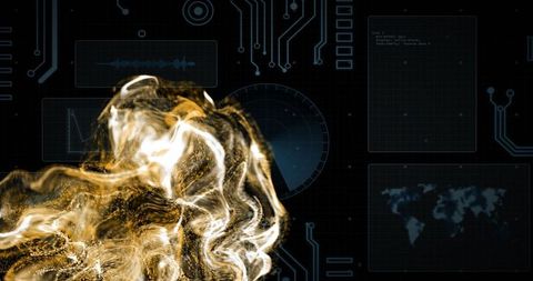 Swirling golden particle cloud over futuristic hud panels with neon filament glow auric sparkle