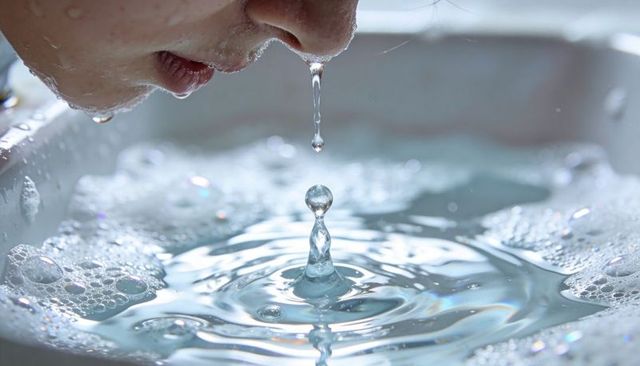 Droplet dropping into soapy basin creating splash column and iridescent ripples
