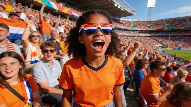 Young fan shouting and cheering in orange jersey wearing red-white-blue sunglasses