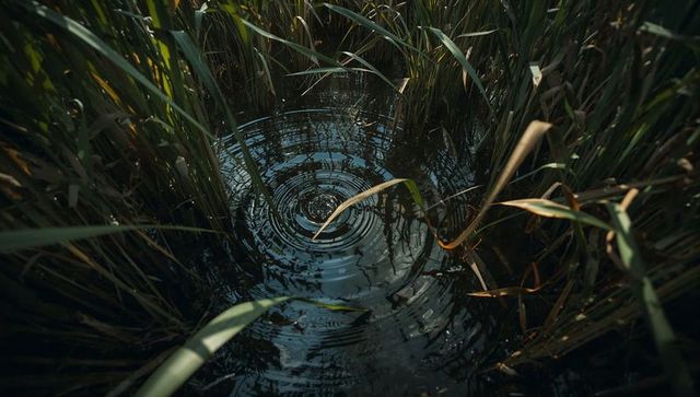 Concentric ripples in marsh pool surrounded by reeds reflecting sunlight and shadows