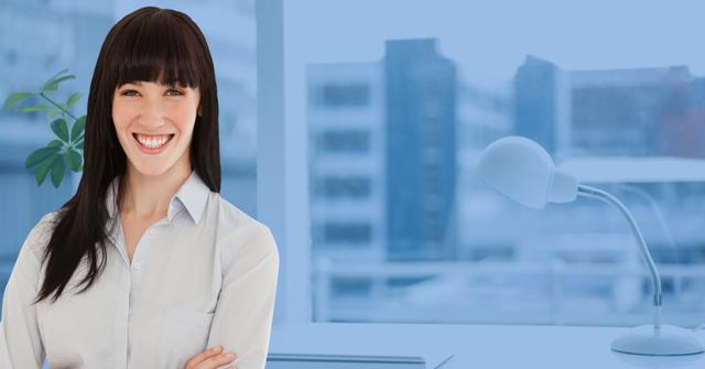 This stock photo depicts a professional woman smiling confidently in a modern office setting. Ideal for corporate websites, business presentations, and marketing materials targeting a professional audience. Can be used to represent themes such as leadership, corporate culture, and female empowerment in the workplace.