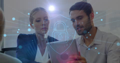 Professionals Discussing Cybersecurity with Digital Interface