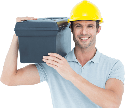 Transparent happy worker carrying toolbox on shoulder
