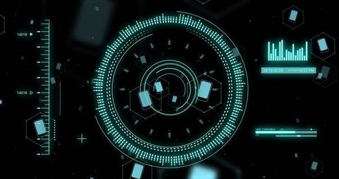 Rotating holographic hud interface with dotted data ring and floating mobile icons