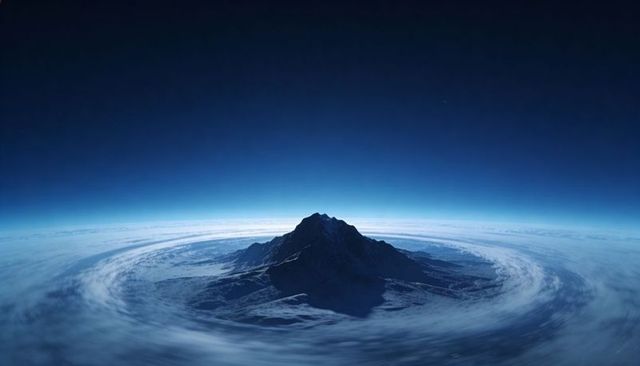 Jagged mountain peak rising above swirling cloud vortex at high altitude, snow-capped summit