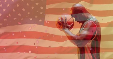 Patriotic Basketball Player Holding Ball with American Flag Overlay